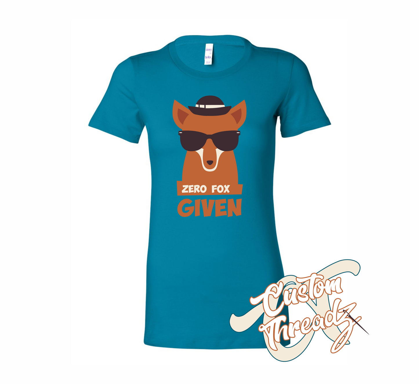 teal womens tee with zero fox given DTG printed design