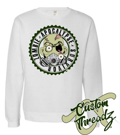 white crewneck sweatshirt with zombie apocalypse survivor DTG printed design