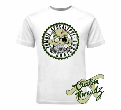 white tee with zombie apocalypse survivor DTG printed design