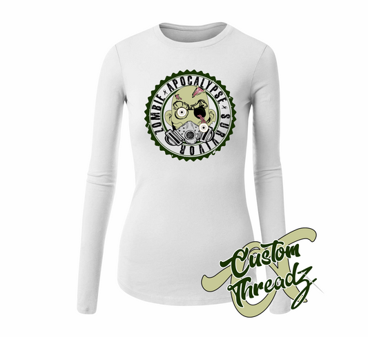 white womens long sleeve tee with zombie apocalypse survivor DTG printed design