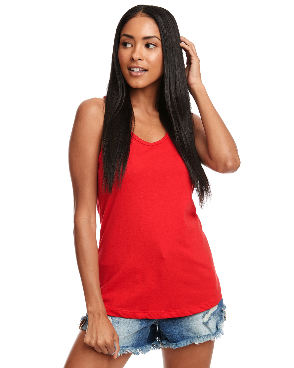 model in next level womens racerback tank red
