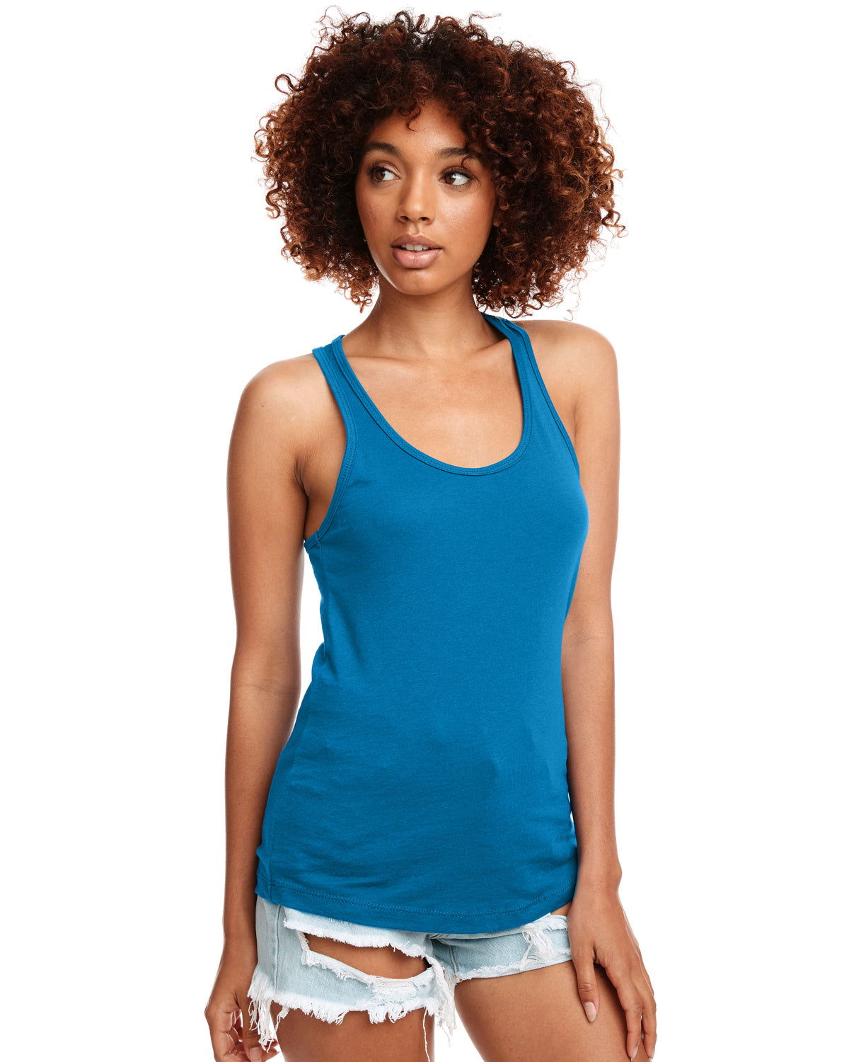 model in next level womens racerback tank turquoise