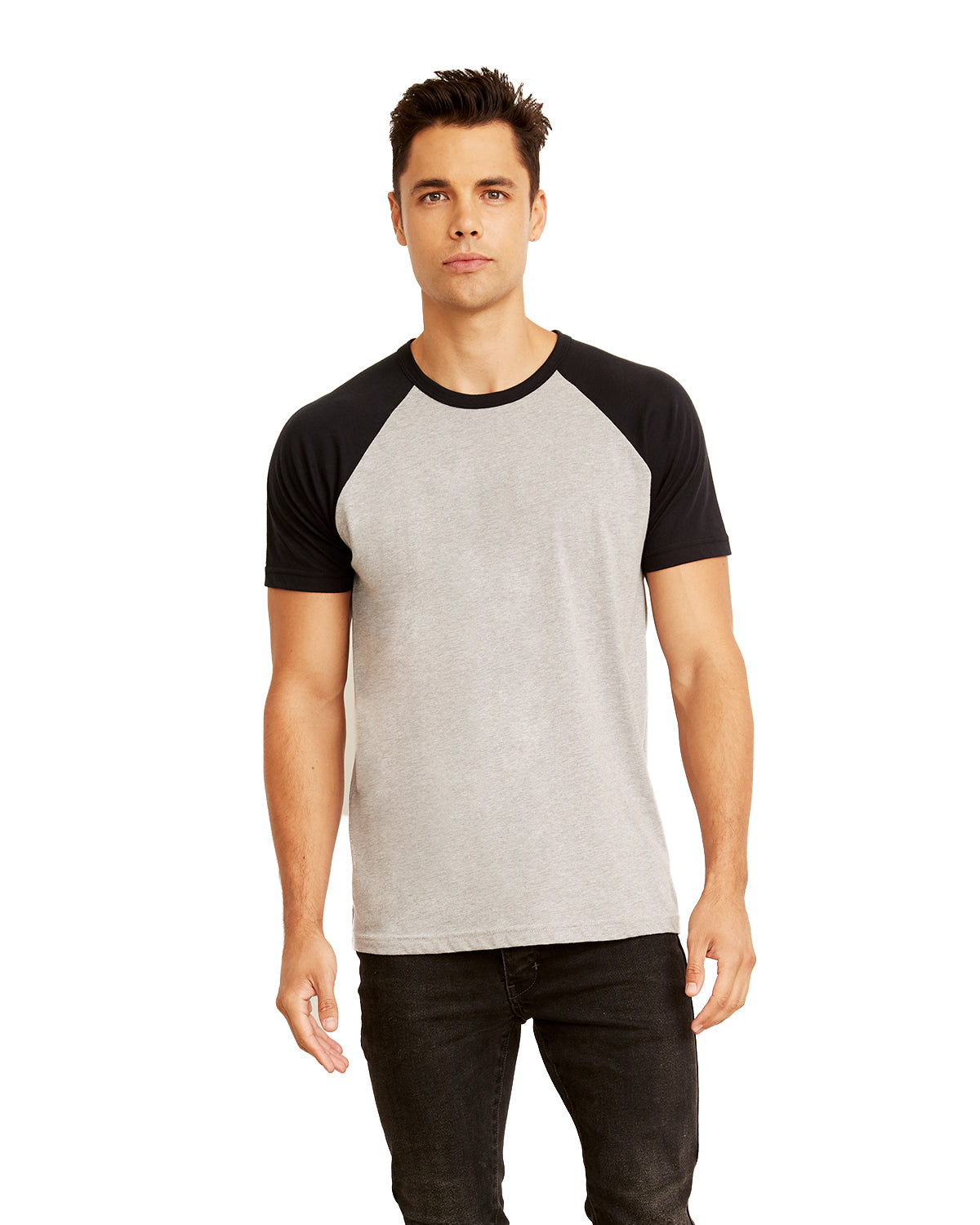 next level unisex raglan tee black heather grey