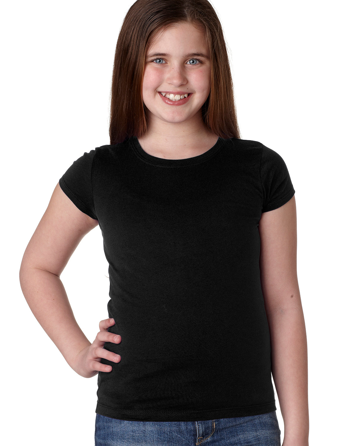 smiling model wearing next level youth girls princess tee black