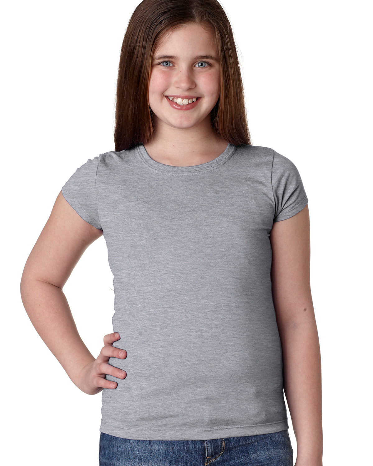 smiling model wearing next level youth girls princess tee heather grey