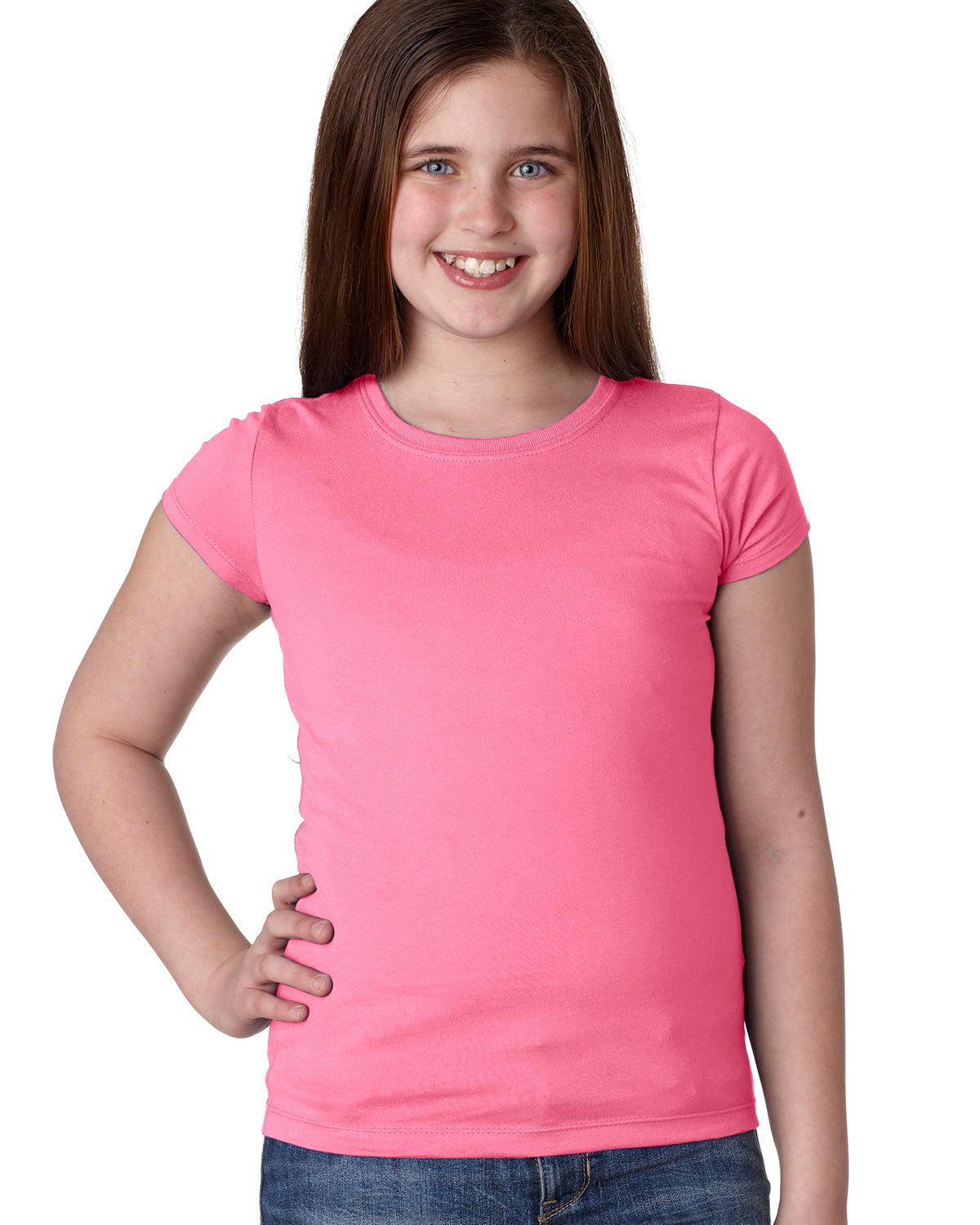 smiling model wearing next level youth girls princess tee hot pink