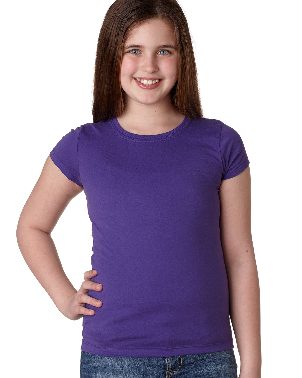 smiling model wearing next level youth girls princess tee purple rush
