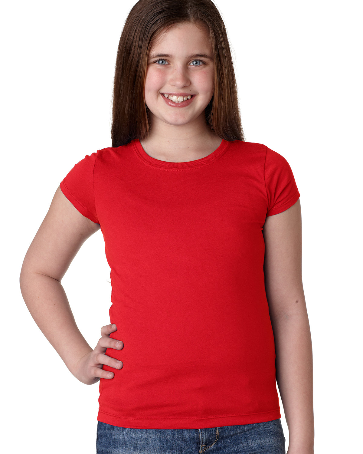 smiling model wearing next level youth girls princess tee red