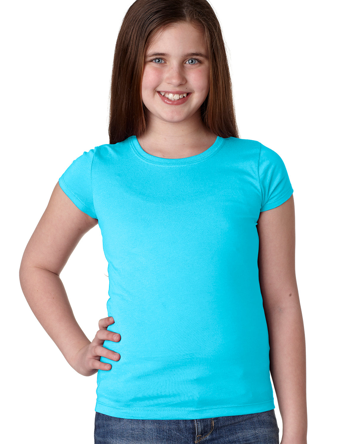smiling model wearing next level youth girls princess tee tahiti blue