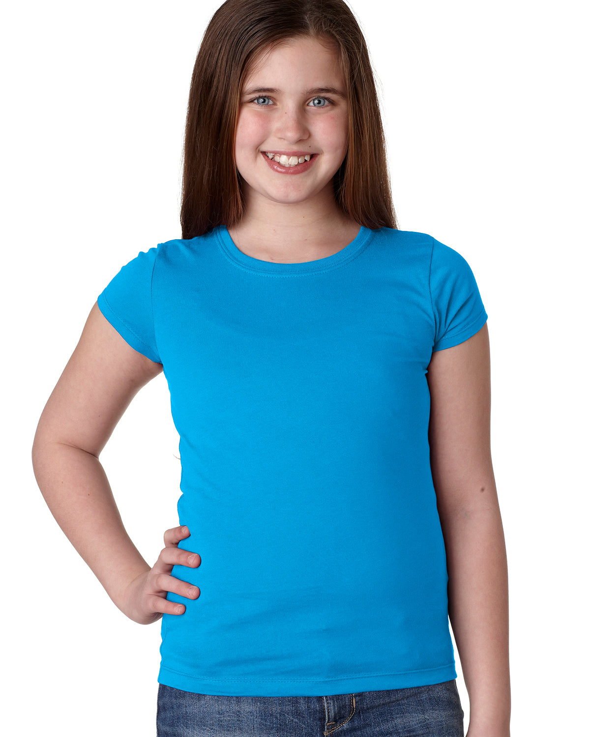 smiling model wearing next level youth girls princess tee turquoise
