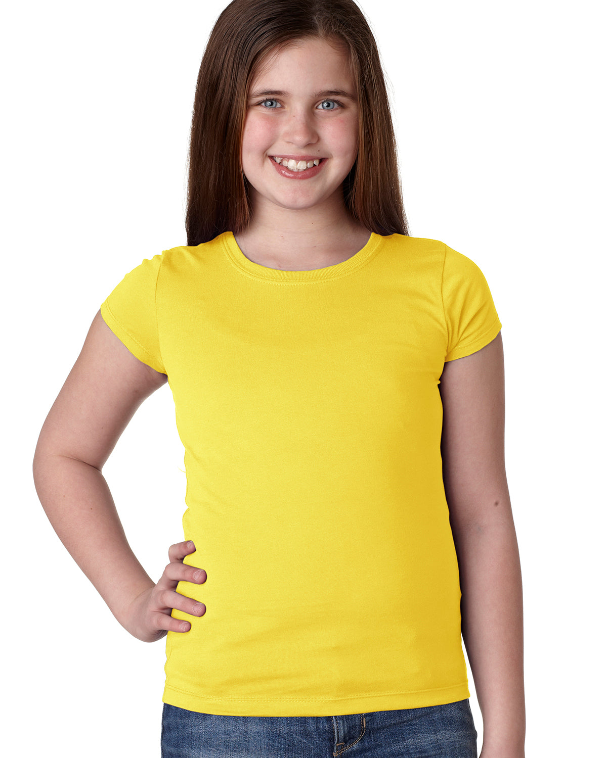 smiling model wearing next level youth girls princess tee vibrant yellow