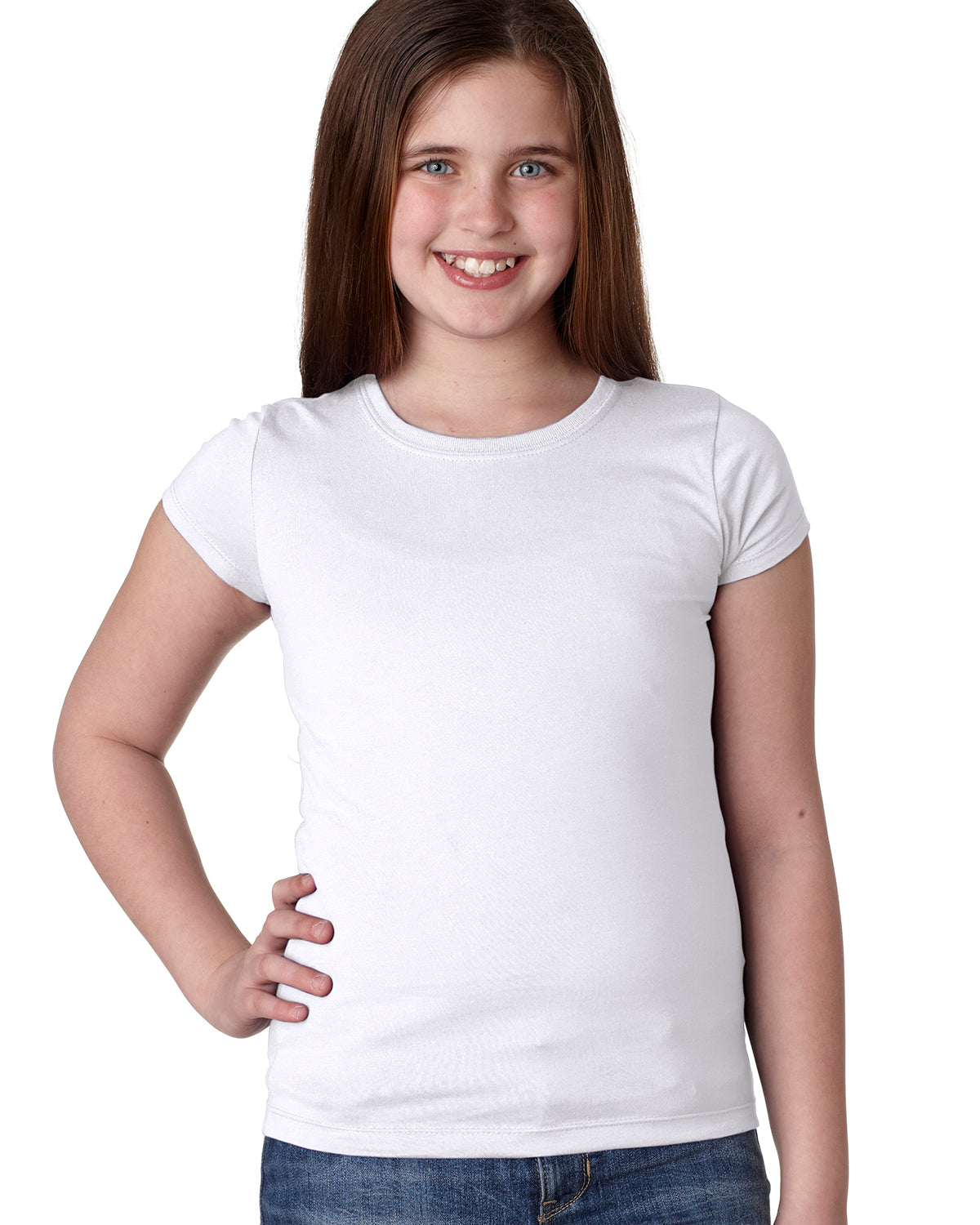 smiling model wearing next level youth girls princess tee white