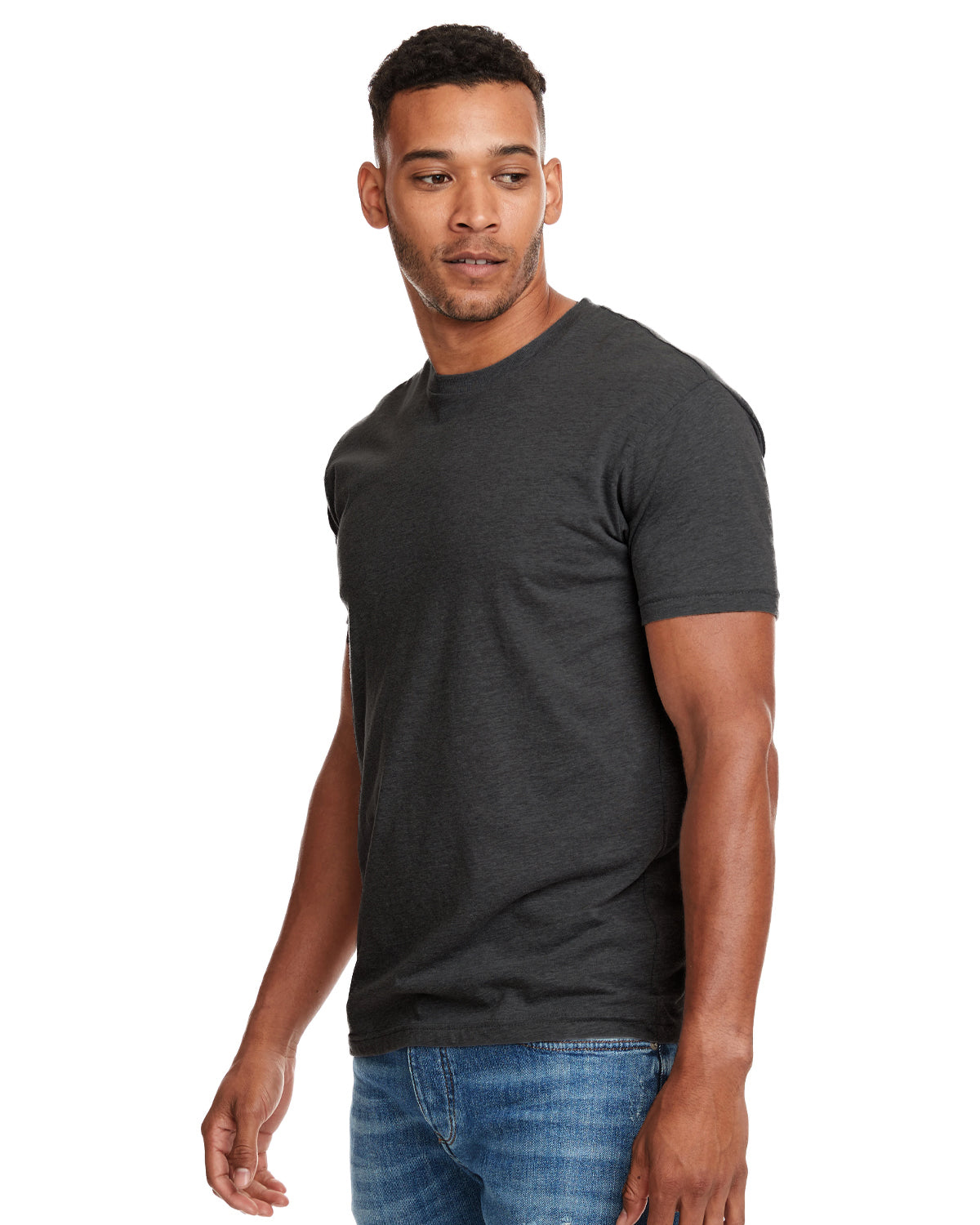 model wearing next level mens CVC crew tee in charcoal