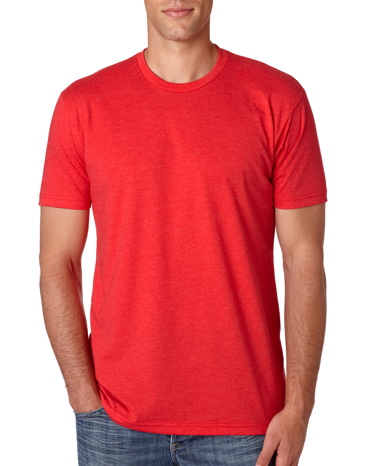 model wearing next level mens CVC crew tee in red
